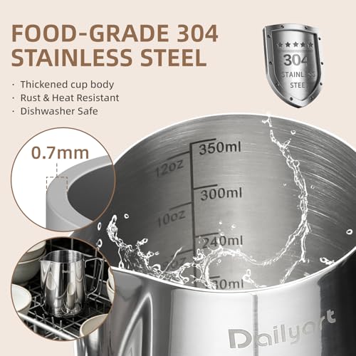 Dailyart Milk Frother Cup Set 12oz/350ml 4 Pcs Milk Frothing Pitcher | 304 Food Grade Stainless Steel, Dripless Spout, Internal Scale, Barista Milk Steamer Cup, Espresso Accessories Latte Art Tool - size: 12 Ounces(Pack of 4)