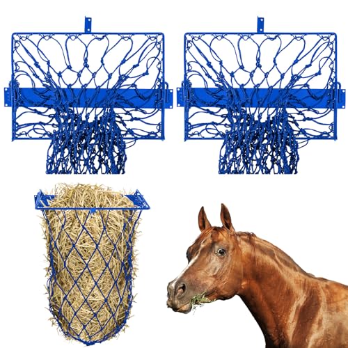 Yaocom 2 Set Blue Wall Mount Hay Feeder for Horses Goats Heavy Duty Hay Rack with Net Slow Feeder Wall Mounted for Stall Barn, Easy to Install and Save Hays (Square) - color: Blue
