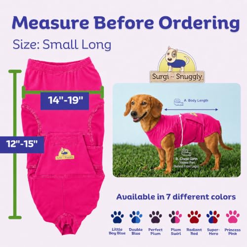 Surgi Snuggly Dog Surgery Recovery Suit, Cone Alternative, Spay/Neuter SL | Dog Recovery Suit for Dogs — Veterinarian-Invented Surgical Suit & Recovery Onesie with Easy Bathroom Access After Surgery - color: Princess Pink, size: Small Long (L-12"-15" | G-
