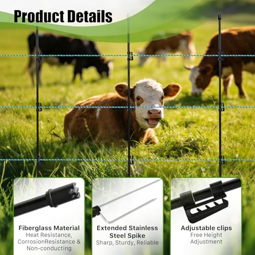 57 Inch / 4.8 Ft Fiberglass Electric Fence Posts, 16 Pack with Double Spikes & 64 Clips - Heavy Duty Farm Garden Livestock Fencing | Holds Wire/Tape/Rope - color: Black, size: 57" 16 Posts-64 Clips
