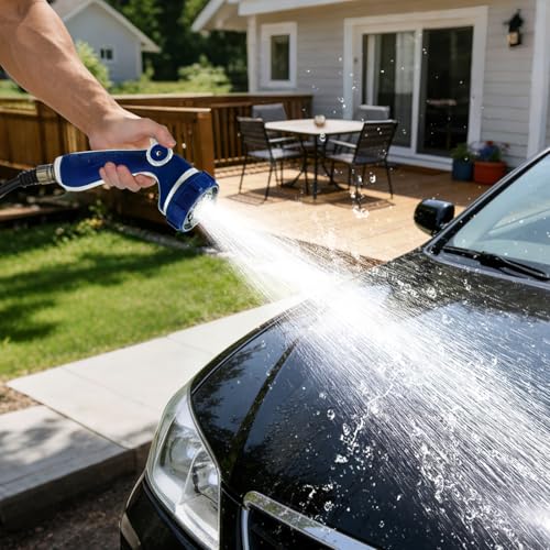 HugeDawn Garden Hose Nozzle with 7 Spray Patterns, Heavy Duty Metal Sprayer 30% Greater Water Flow for Watering, Car Wash, Outdoor Cleaning (Blue) - color: Blue