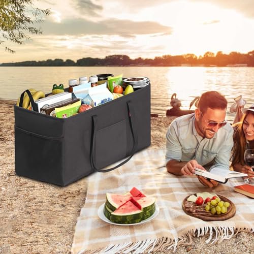LHZK Standing Extra Large Utility Tote Bag with Metal Wire Frame and the Sides Rinforced, Extra Large Tote Bag with Handle, Reusable Grocery Bags Foldable, Beach Bag, Car Tote (Black) | Metal Wire Frame - color: Black, size: 22.5''x10.5''x12''-1 Pack