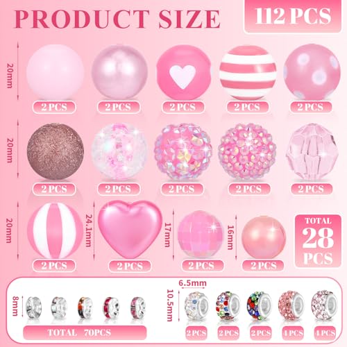 112 Pcs Red Bubblegum Beads for Pens, Spacer Beads, Pink | 28 Pcs Pen Beads 14 Styles, 84 Pcs Spacer Beads, Colorful Rhinestone Bead for Jewelry Making,Valentine's Day - color: Pink
