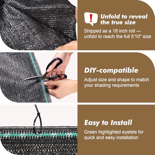 70% Black Garden Shade Cloth Roll for Plants, 6' x 100 FT | Sun Shade Cover Fabric Roll, UV Block Shades Netting Mesh, Privacy Fence Screen for Greenhouse, Backyard, Patio - size: 6' x 100 FT-70%