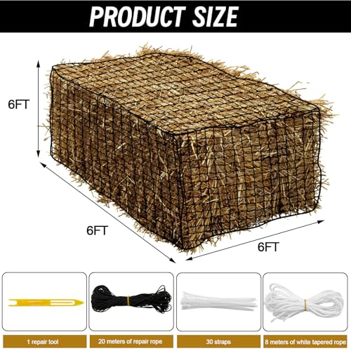 Heavy Duty Slow Feed Hay Net for Horses, 6x6x6 Ft Round Bale Hay Feeder Net | 1.5 Inch Knotless Mesh Weather Resistant Feeding Net to Reduce Hay Waste for Stable, Pasture & Farm Livestock - size: 6x6 Ft