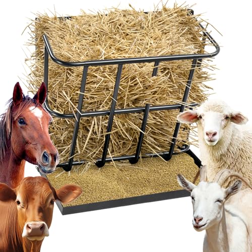 Outvita Hay Feeder 2 in 1 Hay Rack, Wall Mount Goat Horse Feeders, Heavy Duty Steel Hanging Feeders with Detachable Grain Tray for Farm Livestock Goat Sheep Grain Indoor Outdoor Uses - size: 26.5 with tray