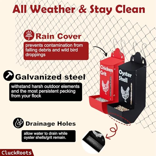 Chicken Coop Accessories Oyster Shell Feeder & Chicken Grit Feeder Set, No-Waste All‑Weather Thick‑Wall Design, Lift-Off Wall-Mounted Gravity Dispenser w/Rain Lid, Chickens Gifts for Chickens Lovers - color: Combo-Black/Red