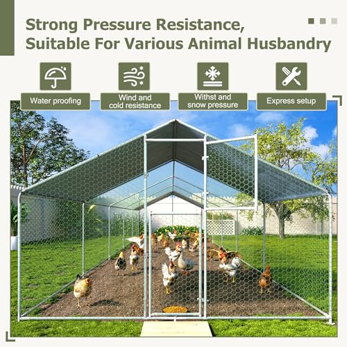 Large Metal Chicken Coop,19.7x9.8x6.4 FT Chicken Run for Yard with Waterproof & Anti-UV Cover,Walk in Chicken Pen with Feeding Door (32.8 * 9.8 * 6.4 ft) - size: 393.5"L x 118.1"W x 76.8"H