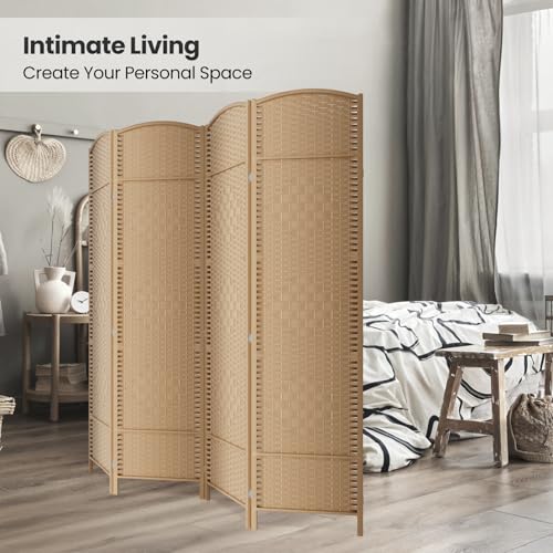 4 Panel Folding Room Divider,Woven Privacy Screen,Light Beige | Solid wood frame, handcrafted diamond pattern, 6FT tall, extends to 63 inches wide, no assembly required - color: Light Beige, size: 4-Panel