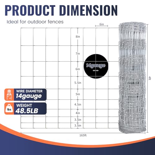 14 Gauge Cattle Fence Panels 4 ft x 165 ft Farm Fence Galvanized Cattle Fence, Pig Fence Panels, Livestock Fence, Grass Pasture Fence for Yard Livestock Animal Protection - size: 4ft×165ft