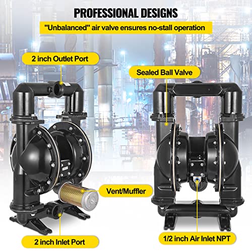 VEVOR Air-Operated Double Diaphragm Pump, 2 inch Inlet & Outlet, Aluminum Alloy Body, 158.4 GPM & Max 120PSI, Nitrile Diaphragm Transfer Pump for Petroleum, Diesel, Oil and Low Viscosity Fluids - size: 75 GPM