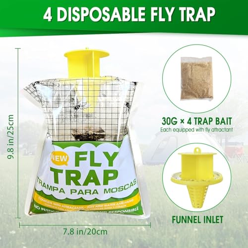 Fly Traps Outdoor,4 Pack Disposable Pre-Baited Effective Hanging Yellowjacket Catcher for Yard Garden Patio Horse Ranch Trash Can,Safe Insect Control Killer Fly Bags
