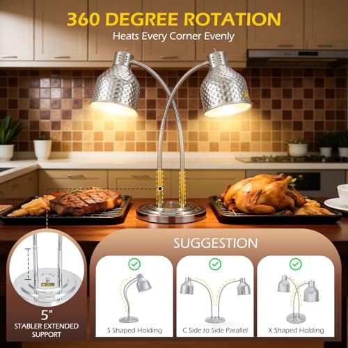 Dyna-Living Food Heat Lamp, 2-Head Adjustable Heat Lamp for Food Commercial Electric Food Warmer Lamp Catering Warming Lights for Buffet Parties Restaurant Kitchen, 500W - color: Silver