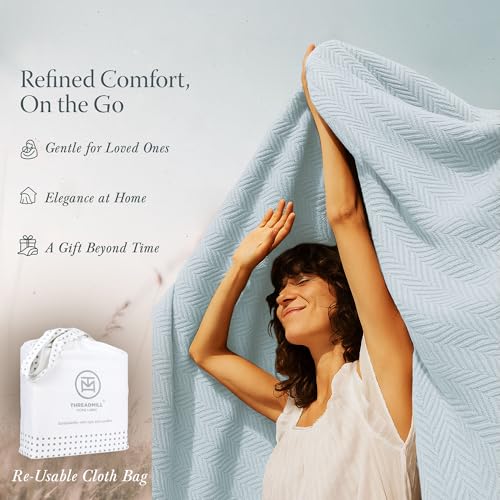 Threadmill Luxury Cotton Blankets for King Size Bed | All-Season Cozy 100% Cotton King Size Blanket | Herringbone Soft Fall Thermal Blanket fits Cal King Size Bed | Light Blue | All-Season Thermal Blanket, Soft & Breathable, Cozy Moisture-Wicking, OEKO-TE