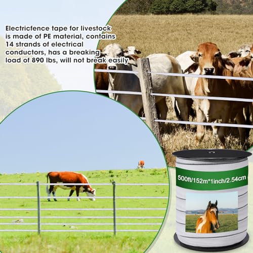 2 Rolls 500 ft x 1 Inch Electric Fence Polytape for Horse Livestock Cattle, High Visibility Electric Fencing Tape for Farm Temporary Horse Fence - size: 500ft X 1in