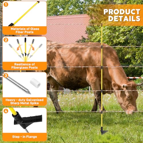 48In/4FT Fiberglass Step-in Electric Fence Posts | 5 Clips, Holds Wire, Poly Tape, and Poly Rope, Livestock Control | Lightweight, Anti-Rotation