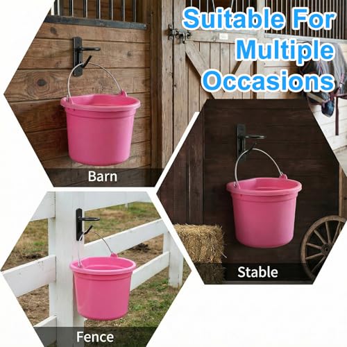 6 Pack Heavy Duty Bucket Hooks for Horse Stalls Anti-Tip Metal Bucket Holder for Horse Feed and Water Stable Barn Fence Accessories with Screws, Black