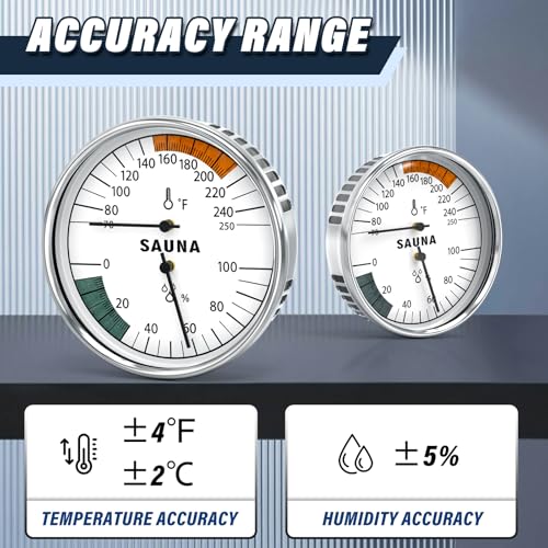 MEANLIN MEASURE Sauna 2 in 1 Fahrenheit Thermometer and Hygrometer, Stainless Steel Thermometer Gauge, 70-250°F, 0-100% RH for Sauna Room, Indoor Humidity Temperature Monitor Gauge Sauna Accessories