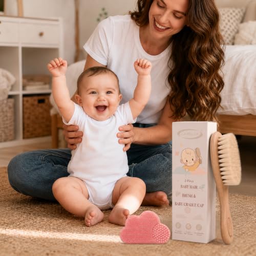 Baby Hair Brush & Comb Set, Organic Wooden Hairbrush Natural Goat Bristles for Newborns & Toddlers, Ideal for Cradle Cap & Itching, Perfect Shower and Registry Gift for Infant, Toddler (2pcs-Pink) - size: 2pcs-pink