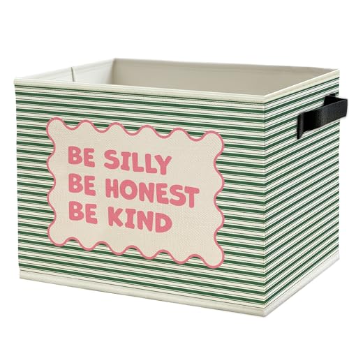 Inspirational Nursery Storage Bins Box with Handles, Be Silly Honest Kind Motivational Pink and Green Striped Collapsible Basket Organizer for Kids Room Bedroom Bathroom Books Clothes - color: Color24
