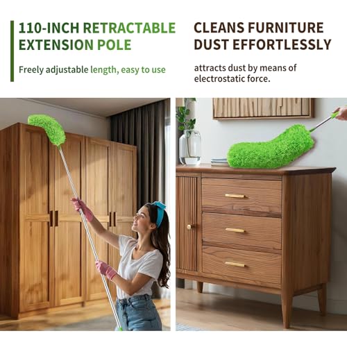 Cobweb Duster with Extension Pole, Washable Cleaning Duster Set with 2 Duster Heads, Corner Brush, 15-110-Inch Telescoping Pole for high Ceiling Fans, Long Duster for high Ceilings，Spider Web Brush