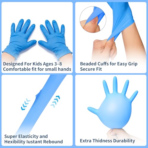 XXS Kids Nitrile Gloves, Latex & Powder Free, 4 Mil, 50 Pairs | XXS Fits Ages 3-8, Food-Grade Material, Waterproof, Textured Grip, Crafts, Painting, Cooking, Science, Messy Play - color: Blue