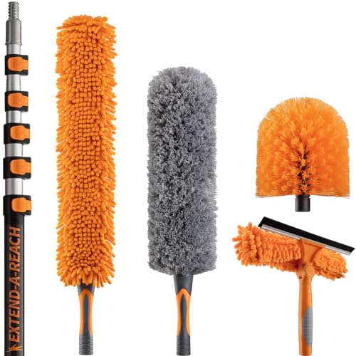 30 Foot High Reach Duster Kit with 5-24 ft Extension Pole for Cleaning | High Ceiling Dusting & Window Cleaning Kit with Telescopic Pole, Window Washer Squeegee, Cobweb Duster, Fan & Feather Dusters - size: 24 feet