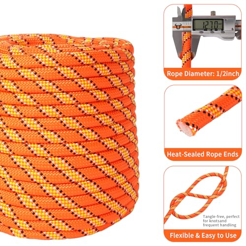 Arborist Rigging Rope - 1/2" x 150ft 48 Strand Braid Bull Rope (9,000 lbs MBS) for Tree Removal, Limb Lowering - Static Line Hoisting Utility Rope (Orange) - size: 1/2in*150ft