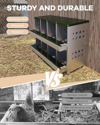 Galvanized Steel Chicken Nesting Boxes, 8-Hole Laying Boxes with Front Egg Tray ＆ Vent, Roll Away Nesting Box for Hens, Includes 8 Training Eggs, Green - color: Green