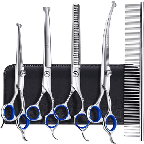 Gimars Titanium Coated Professional 6 in 1 4CR Stainless Steel Dog Grooming Scissors with Safety Round Tip, Heavy Duty Pet Grooming Scissor for Dogs, Cats and Other Animals - style: Professional Blue 6 in 1