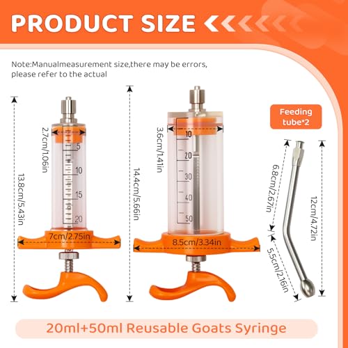 2Pcs Reusable Goat Syringe with 2 Drench Nozzle,Adjustable Dosage Sheep Drench Gun Syringe for Goats,Horse,Piglet,Calf,Dog,Livestock Supplies,20ML+50ML (Orange)