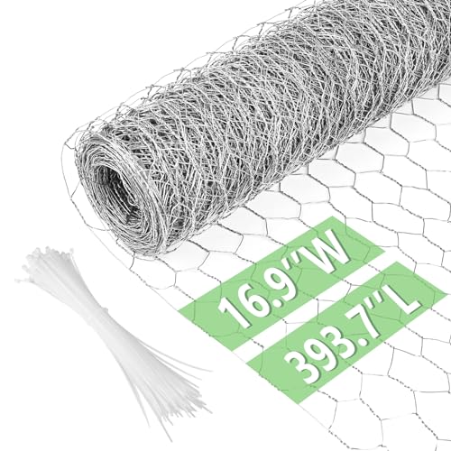 Chicken Wire 16.9 in x 393.7 in Poultry Wire Netting Hexagonal Galvanized Mesh Garden Fence Barrier for Pet Rabbit Chicken Fencing with 100 Pcs Cable Zip Ties - color: Silver, size: 16.9"x393.7"+100Ties