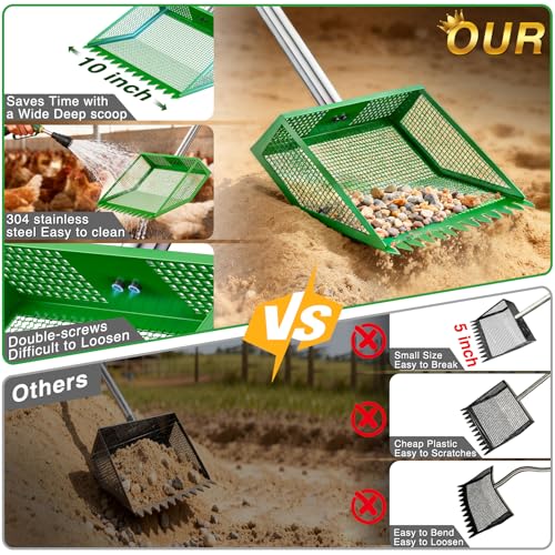 TOOGE Large Chicken Poop Scooper: 2-in-1 Metal Pooper Scooper & Rake Adjustable 62" Long Handle Stainless Steel Sand Sifting Litter Shovel Chicken Coop Scoop Cleaning for Bedding Goats Farm Yard Black - color: Black
