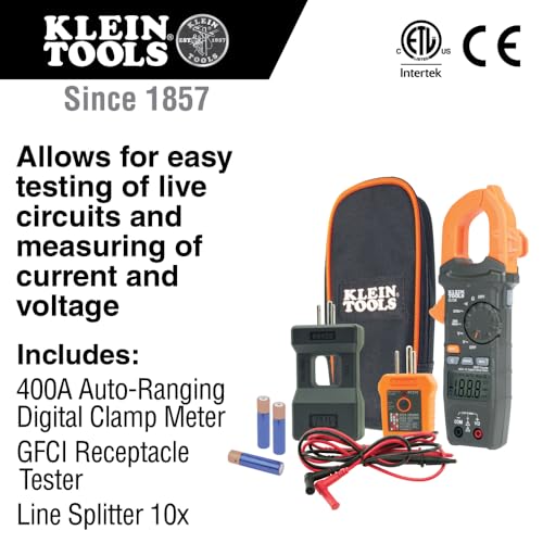 Klein Tools CL120KIT Clamp Meter Electrical Test Kit, AC Auto Ranging 400 Amp, Backlit Display, Includes GFCI Tester-Line Splitter-Pouch-Leads-3 x AAA - size: Electrical Test Kit