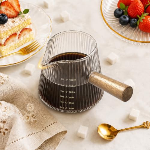 6OZ Espresso Shot Glass Cups Coffee Measuring Cup Coffee Bar Accessories | With wood handle, V-shaped, spout ribbed milk frothing pitcher spouts cup for coffee milk sauce