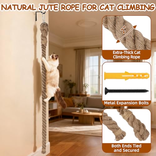 2" x 4.92Ft Cat Climbing Jute Rope with Hook for Wall Mounting | Thick Sisal Material, Ceiling Hanging Option, Heavy Duty Scratching Post Alternative, Indoor Outdoor Active Gym for Kittens - size: 59 IN(1.5M)