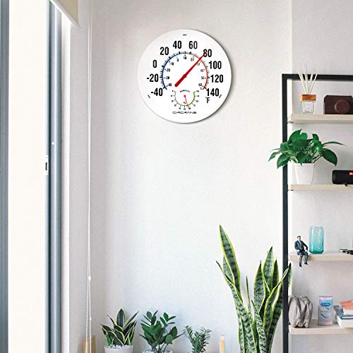 Circrane 13.25 Inch Round Thermometer with Hygrometer, Large Indoor Wall Patio Bimetal Weather Thermometer, No Battery Required, White - color: White