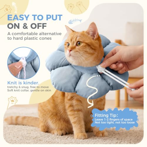 Avont Soft Cat Cone L Grayishblue Post-Surgery Anti-Lick Adjustable | Grayishblue L, Neck 9.8-13.8", Anti-Lick, Breathable, Lightweight, Soft Cotton, Adjustable Drawstring - color: Grayishblue, size: L (9.8" – 13.8")