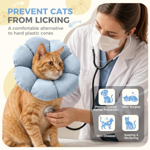 Avont Soft Cat Cone S Grayishblue Post-Surgery Anti-Lick Adjustable | Grayishblue S, Neck 5.9-9.8", Anti-Lick, Breathable, Lightweight, Soft Cotton, Adjustable Drawstring - color: Grayishblue, size: S (5.9" – 9.8")