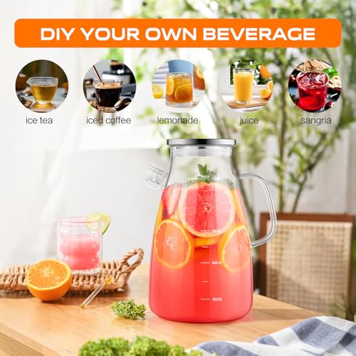 1 Gallon 128oz Glass Pitcher,Water Pitcher with Full Seal Lid and Spout, Glass Carafe for Hot/Cold Drink, Water Jug for Iced Tea, Coffee, Juice, Milk, Beverage | Thickened Borosilicate Glass Iced Tea Pitcher, Drip-free Spout, Heat Resistant, Stovetop Dish