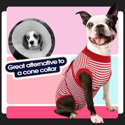Recovery Suit for Dogs, Dog Onesie for Surgery Female Surgical Suit | Female Dog Onesie for Heat Cycle, Dog in Heat Diapers, Dog Wound care, Spay Cone Alternative after Surgery Rose Stripes XS - color: Red Stripes, size: Xs(back:8.3-11.4in,wt:4-7lbs)