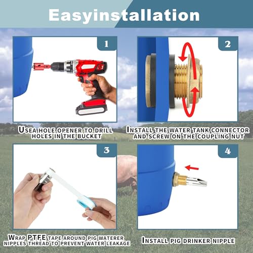 6Pcs Pig Waterer Nipples, Stainless Steel Automatic Pig Nipple Waterer Hog Water Drinker Feeder with Brass Water Tank Connector, Drill Bit and Tape, for Hog Piglets Goat