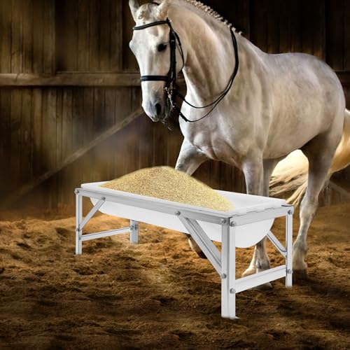 Livestock Feed Trough with Metal Stand 39" Long Large Capacity Livestock Feeder for Lambs Foals Calves Sheep Horses Alpacas and Goats in Farm (Silver+White) - color: Silver+White