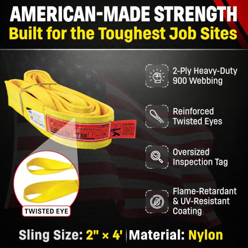 DD Sling (USA Made). 2" wide X (4' to 20' lengths) in Listing! 2 Ply Twisted Eye, Nylon Lifting Slings, Eye & Eye, Heavy Duty (900 webbing), 6,400 lbs Vertical, 5,100 Choker, 12,800 Basket Load Capacity (2inX4ft) - size: 2 in x 4 ft
