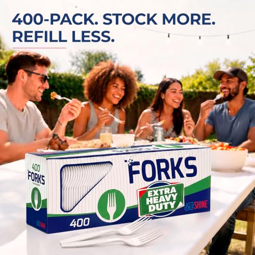 BluShine Extra Heavy Duty Plastic Forks, Disposable Bulk Cutlery | 400 Count Extra Heavy Duty White Plastic Forks, Strong Silverware Feel, BPA Free, Dishwasher Safe, Catering & Party Ready