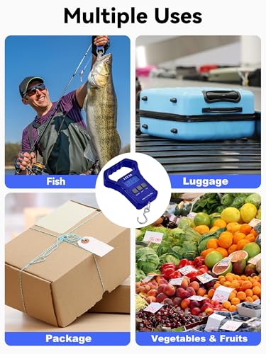 HEETA Fish Scale 110lb/50kg Digital Hanging Fishing Luggage Weight Scale | Portable with Backlit LCD Display, Hook & Non-Slip Large ABS Handle, Fishing Gifts Gear for Men, 2 AAA Batteries Included - color: Blue