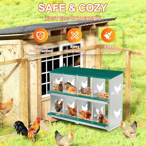 Chicken Nesting Box, 8 Compartments Nesting Box with 4 Fake Eggs & 10 Soft Nest Pads, Wall Mounting for Easy Egg Collection, Heavy Duty Galvanized Steel Rustproof Laying Box with Vented & Easy Clean - size: 8 compartment