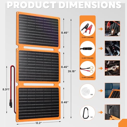 FieryRed 30W 12V Solar Panel Car Battery Charger & Maintainer, Portable Waterproof Trickle Charger with Built-in Controller, Cig Plug, Alligator Clips, USB-C, USB-A Outputs for Car, Boat, RV, Tractor - size: 30W