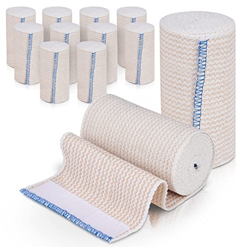 Premium Elastic Bandage Wrap made of USA Grown Organic Cotton - Hook & Loop Fasteners at Both Ends - GT Latex Free Hypoallergenic Compression Roll for Sprains & Injuries (4" Wide, 12 Pack) - size: 12 Pack