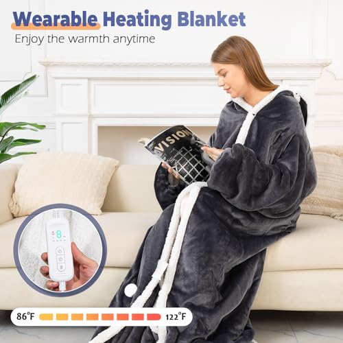 Wearable Heated Blanket with Foot Pocket, Electric Wearable Throw Blanket with Sleeves, Hood, Portable Heated Blanket with 8 Heat Settings, 1-10 Hours Auto Shut-off, Gift for Family, Friends, 50*70" - color: Grey